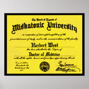 Poster Diplôme universitaire miskatonique Herbert West