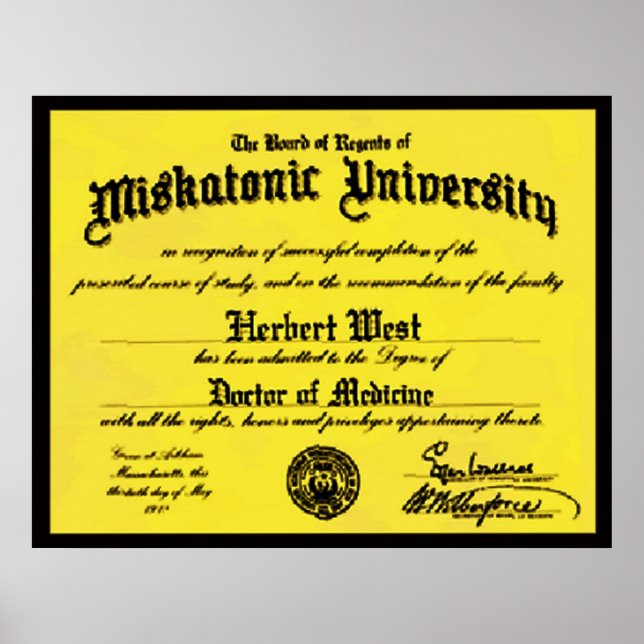 Poster Diplôme universitaire miskatonique Herbert West (Devant)