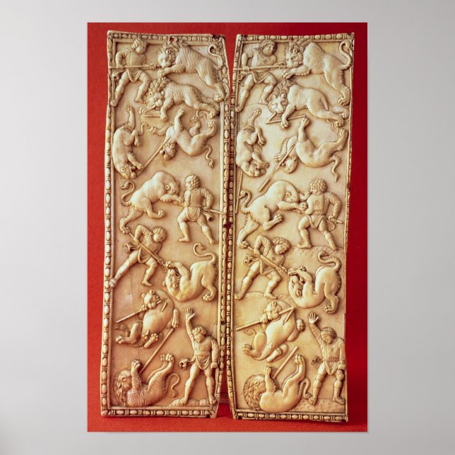 Poster Diptyque avec scène de chasse aux lions (Devant)