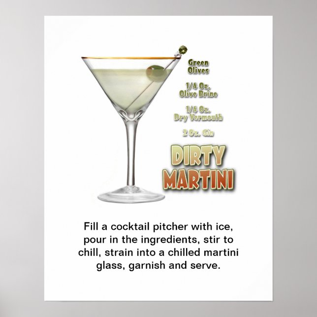 Poster Dirty Martini Cocktail Recette Art 16"x20" (Devant)