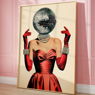 Poster Disco Ball Head Woman Wall Art, Glam Retro Party