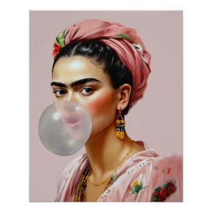 Poster Diva avec écharpe florale soufflant du bubble gum