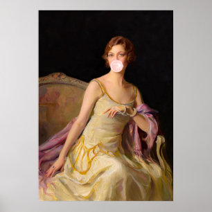 Poster Divas au chewing-gum dans une robe jaune soufflant