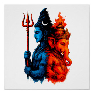 Poster Divine Dualité : T-Shirt Bleu Shiva & Ganesha