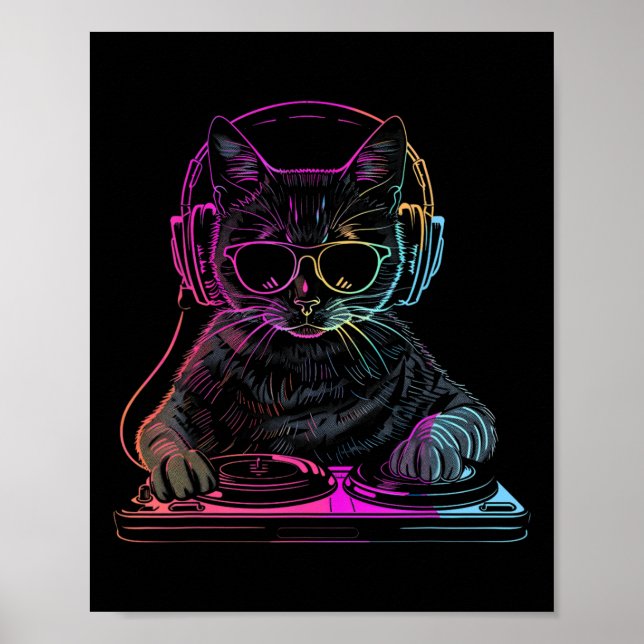 Poster Dj Cat Edm Techno House Music Amusant Amoureux des (Devant)
