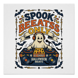 Poster DJ Ghost Spooky Beats Gravure Vintage Halloween