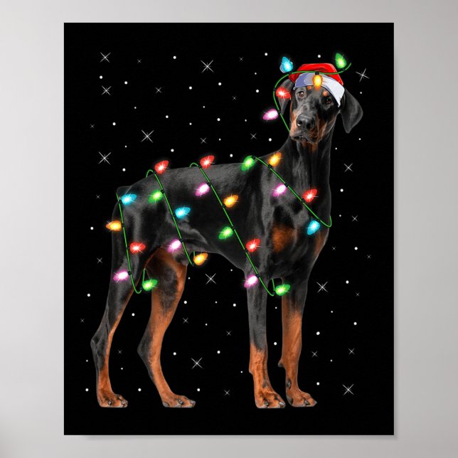 Poster Doberman Dog Christmas Lights Santa Pet Dog Lover  (Devant)