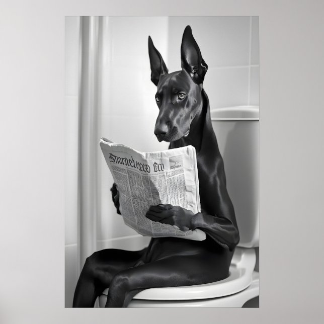 Poster Doberman on Toilet, Newspaper, Funny Bathroom Art (Devant)