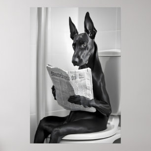Poster Doberman sur les toilettes, Journal, Drôle d'art d