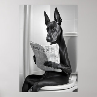 Poster Doberman sur les toilettes, Journal, Drôle d'art d