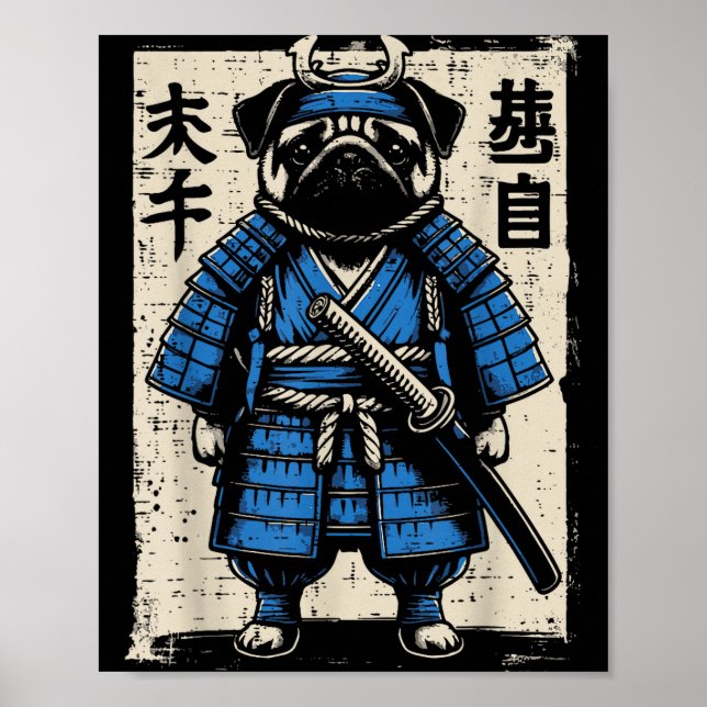 Poster Dog Pug Samurai Funny Japanese Warrior Art Men Wom (Devant)