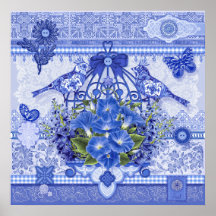 Poster d'oiseaux en porcelaine bleue et en cage à
