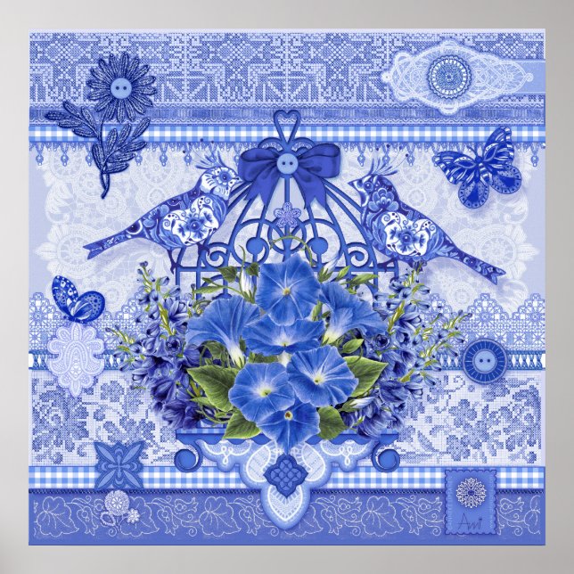 Poster d'oiseaux en porcelaine bleue et en cage à  (Devant)