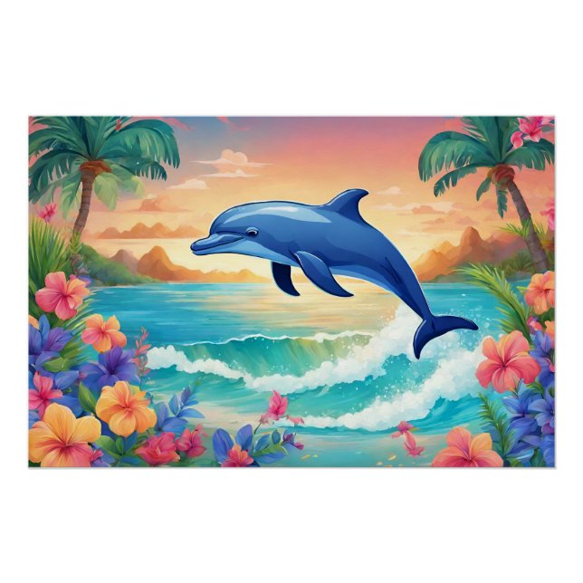 Poster Dolphin et belle île tropicale, Hibiscus (Devant)