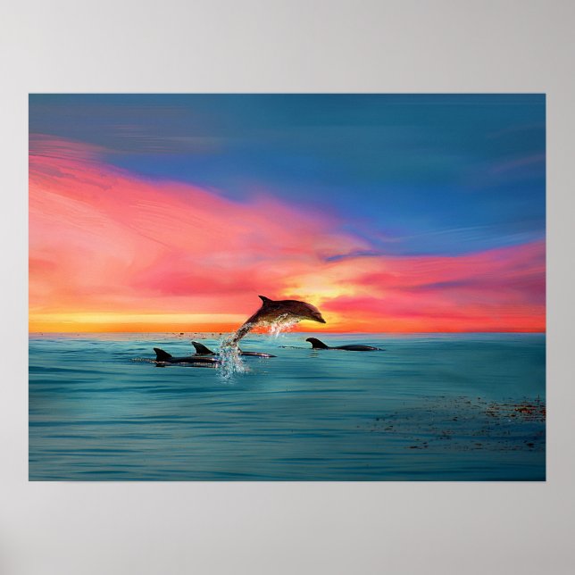 Poster Dolphins Beach Sunset Imaginaire Art (Devant)