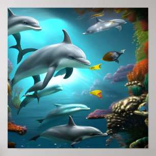 Poster Dolphins Swimming Underwater 
