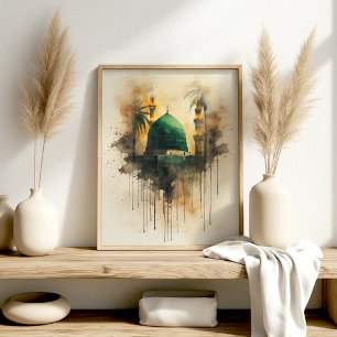 Poster Dôme Vert Médine – Art Islamique Aquarelle
