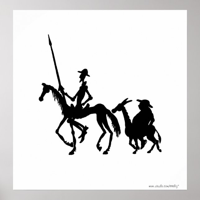 Poster Don Quichotte et Sancho Panza, art noir et blanc (Devant)
