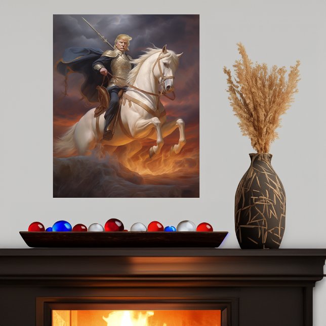 Poster Donald Trump 2024 Chevalier blanc Héros drôle IA (donald trump 2024 funny knight white horse poster ai art)