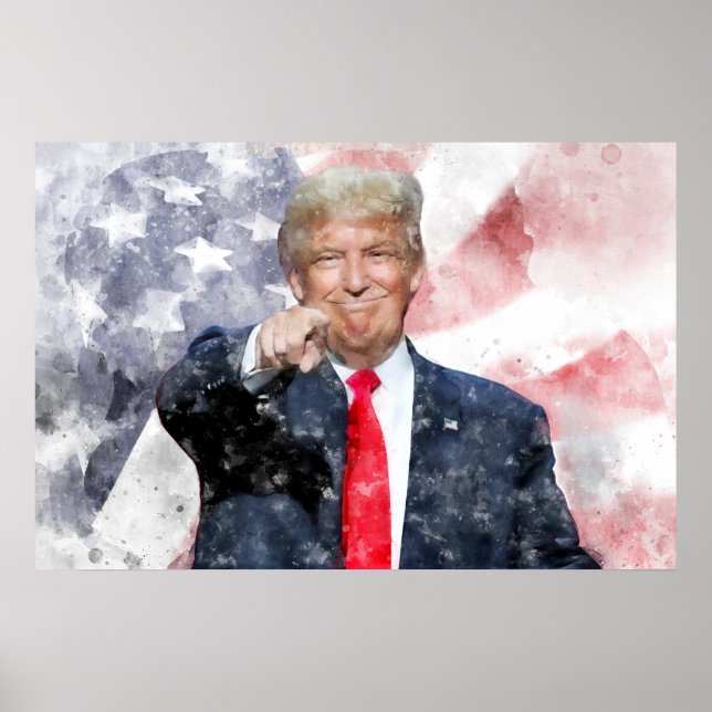 Poster Donald Trump pointant du doigt le drapeau américai (Devant)