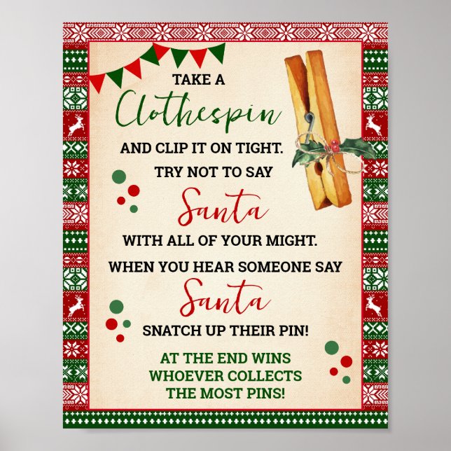 Poster Don't Say Santa Clothespin Game Ugly Sweater Sign (Devant)