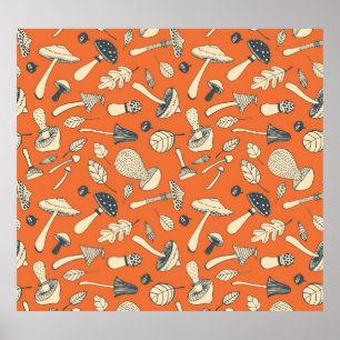 Poster Doodle champignons Vintage papier peint sans coule