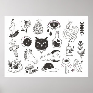 Poster doodle de tatouage mystique dessiné à la main, bad