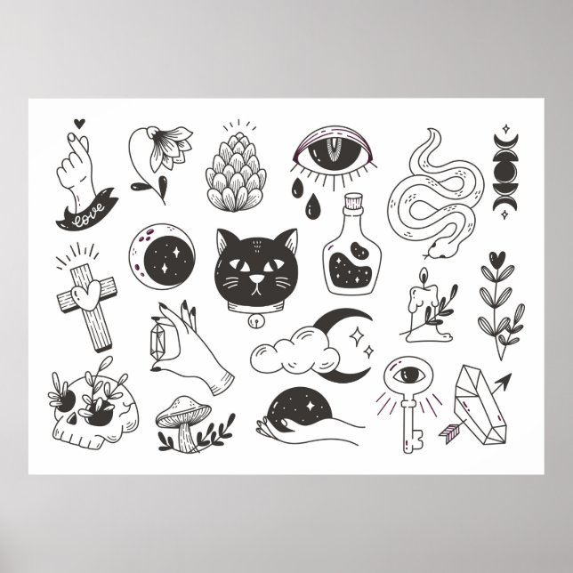 Poster doodle de tatouage mystique dessiné à la main, bad (Devant)