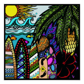 Poster Doodle d'encre hawaïenne, couleur