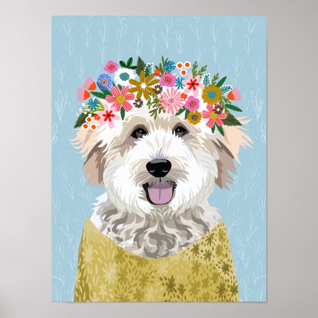Poster Doodle doré Fleur Wreath Chien Portrait (Devant)