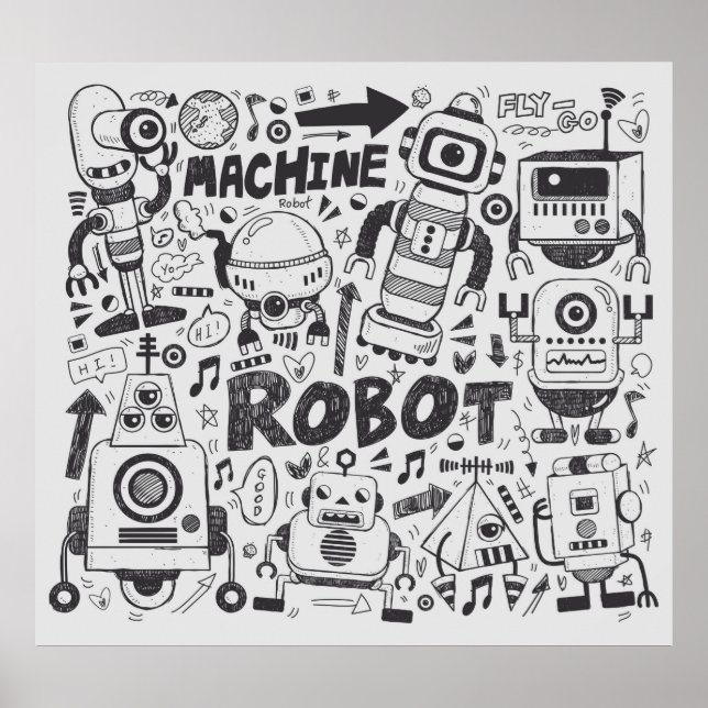 Poster doodle robot élément, illustrateur ligne outils ti (Devant)