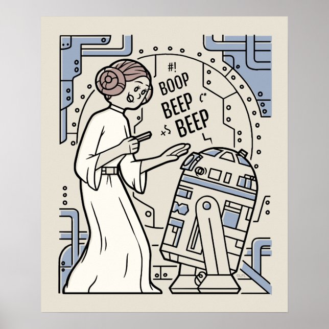 Poster Doodle Sketch Leia & R2-D2 sur Death Star (Devant)