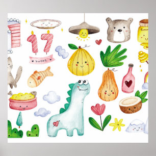 Poster Doodles d'aquarelle Kawaii, autocollant prêt.