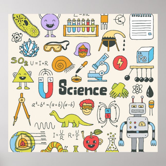 Poster Doodles de science : Ensemble d'écoles à main. (Devant)