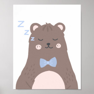 Poster Dormir Ours Cartoon Brown Blue Boy Nursery Décor
