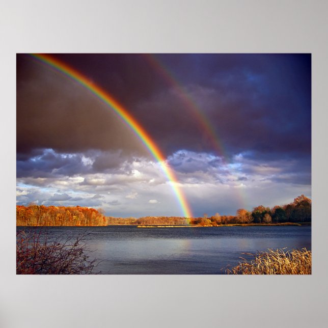Poster Double Bows Rainbows sur le lac (Devant)