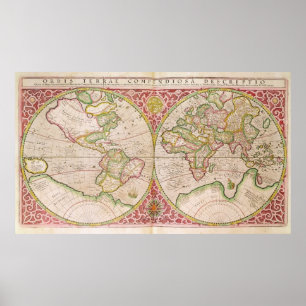 Poster Double carte du monde d'hémisphère, 1587