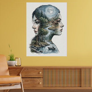 Poster Double Exposition Nature Silhouette Aquarelle