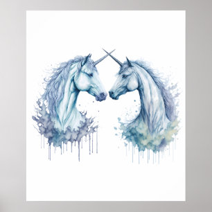 Poster Double harmonie : deux licornes en aquarelle
