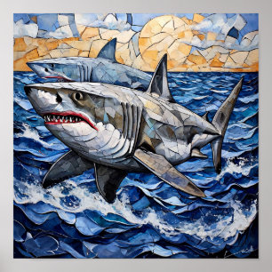 Poster Double toile murale en mosaïque requin océan  
