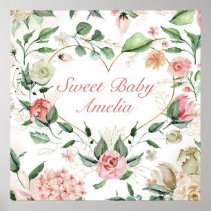 Poster Douce Bébé Aquarelle Florale Coeur Bouquet Nursery