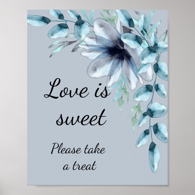 Poster Douce douche de mariage florale bleu poussiéreux (Devant)