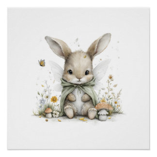 Poster Douce illustration de lapin fée à l'aquarelle