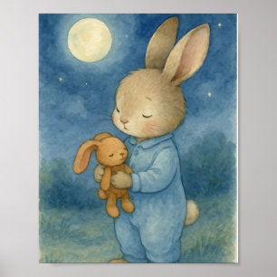 Poster Douce Lapin Endormi & Teddy Clair de Lune Aquarell