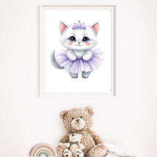 Poster Douce Princesse Chatte Blanche en Tutu Violet Roya