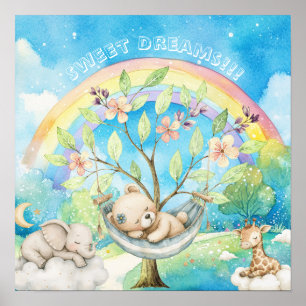 Poster Douces Rêves Animaux Endormis Arc-en-ciel Nurserie