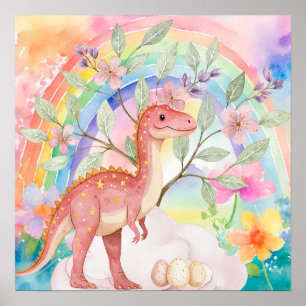 Poster Douces Rêves Arc-en-Ciel Dinosaures Rose Pépinière