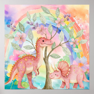 Poster Douces Rêves Arc-en-Ciel Dinosaures Rose Pépinière