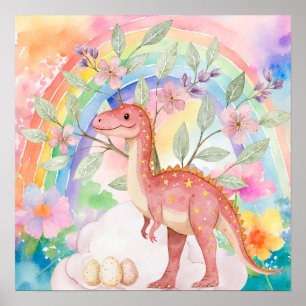 Poster Douces Rêves Arc-en-Ciel Dinosaures Rose Pépinière