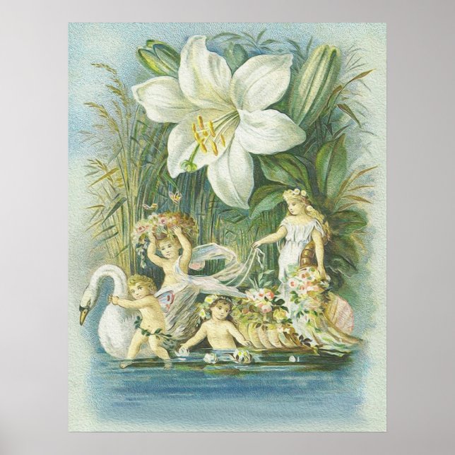 Poster Douceur - Fées, cygne et fleurs (Devant)
